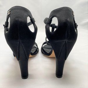 CHANEL, Shoes, Chanel Black Satin Interlocking Cc Logo Tstrap Sandals  With 45 Inch Heel